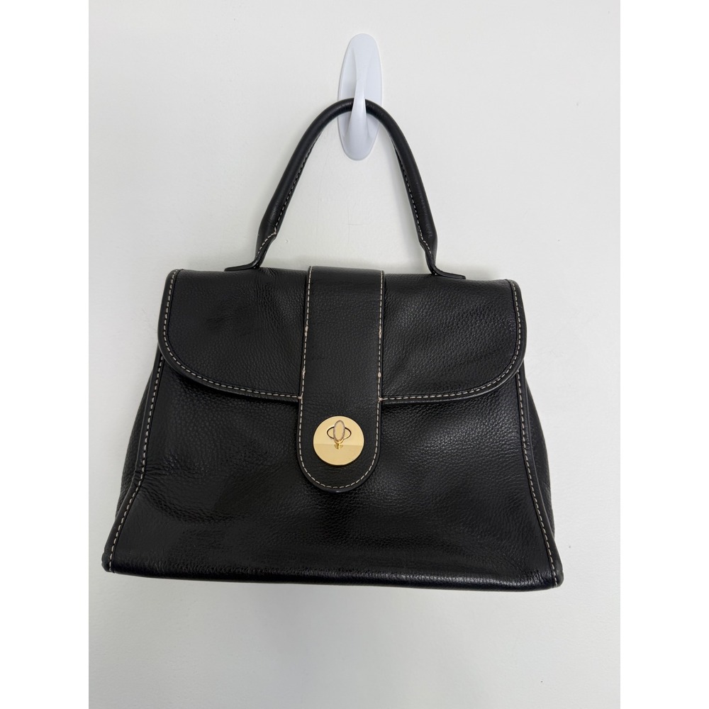 TALBOTS Top Handle Satchel Tote Bag Purse Black Pebbled Leather Turnlock Flap